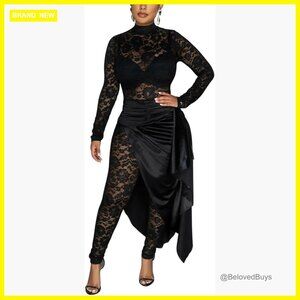 Large Polyester Lace Jumpsuit Long Sleeve Midi Skirt Set Clubwear